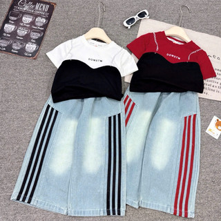(Shopmesockids) Sét Áo Phông Pha Màu Viền Xích Sắt Mix Quần Jean Chạy Viền Sọc Cho Bé Gái