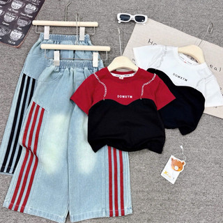 (Shopmesockids) Sét Áo Phông Pha Màu Viền Xích Sắt Mix Quần Jean Chạy Viền Sọc Cho Bé Gái