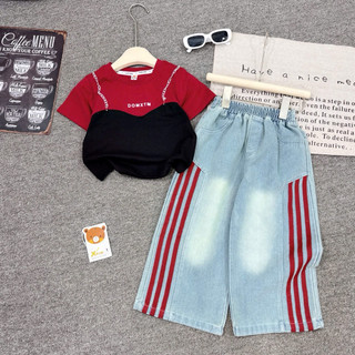 (Shopmesockids) Sét Áo Phông Pha Màu Viền Xích Sắt Mix Quần Jean Chạy Viền Sọc Cho Bé Gái
