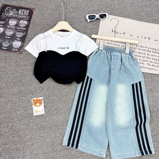 (Shopmesockids) Sét Áo Phông Pha Màu Viền Xích Sắt Mix Quần Jean Chạy Viền Sọc Cho Bé Gái
