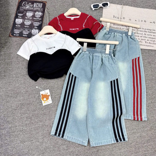 (Shopmesockids) Sét Áo Phông Pha Màu Viền Xích Sắt Mix Quần Jean Chạy Viền Sọc Cho Bé Gái