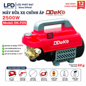 Máy rửa xe gia đình DEKO DK-P25 Có chỉnh áp,Công suất 2500W Lõi đồng 100%, Lưu lượng nước 10 L/phút