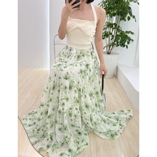 (Hỏa tốc) Chân váy voan xòe dài 5 tầng lưng thun dây rút 2 lớp Freesize Váy hoa mùa hè Boho