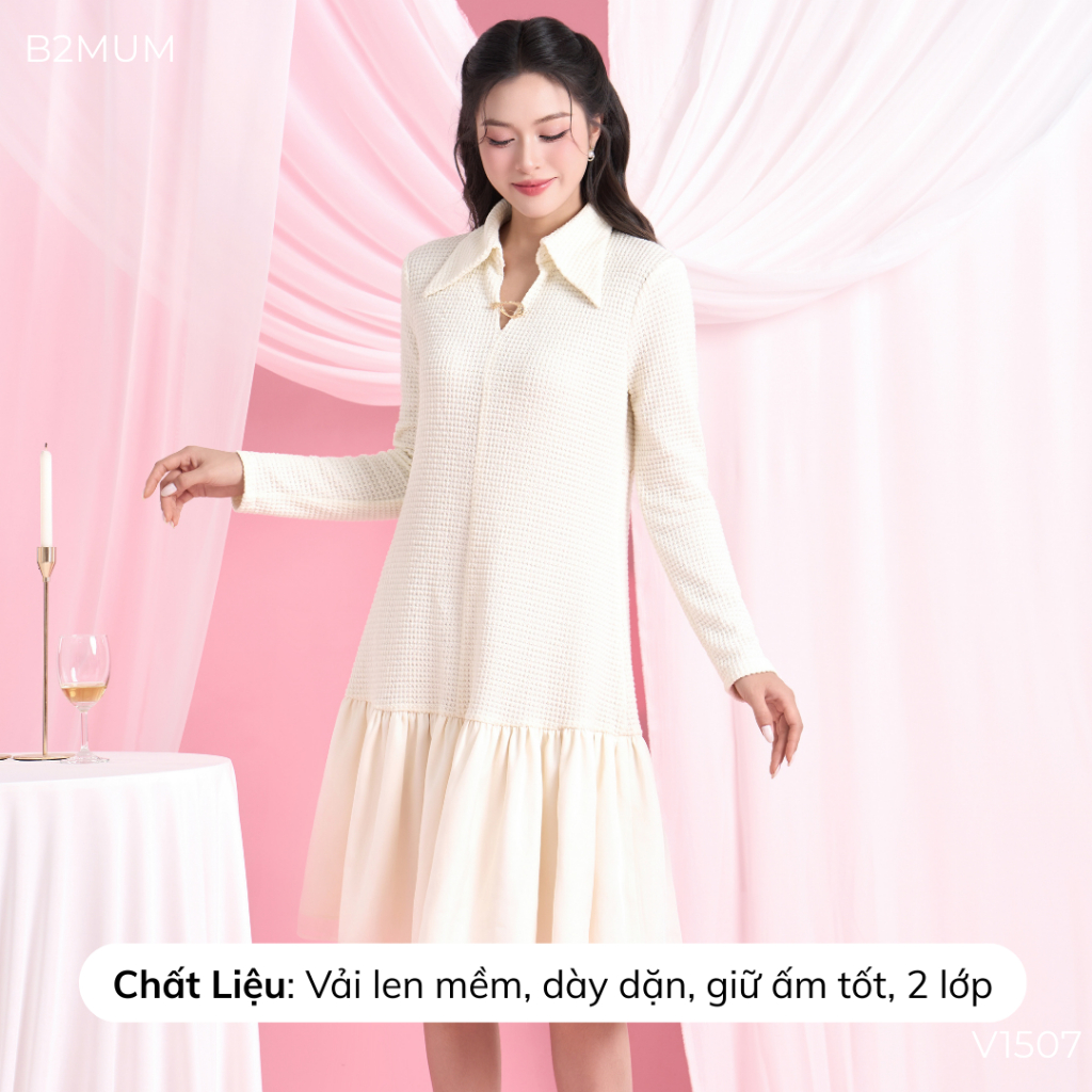 VÁY SUÔNG Chất Len Dệt Nổi Phối Voan Thanh Lịch, Mặc Bầu & Sau Sinh Mặc Đi Chơi, Đi Tiệc V1507 B2MUM