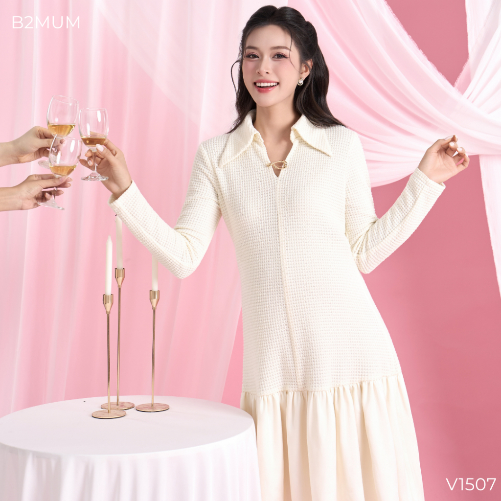 VÁY SUÔNG Chất Len Dệt Nổi Phối Voan Thanh Lịch, Mặc Bầu & Sau Sinh Mặc Đi Chơi, Đi Tiệc V1507 B2MUM