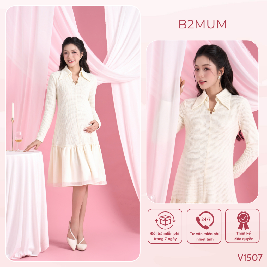 VÁY SUÔNG Chất Len Dệt Nổi Phối Voan Thanh Lịch, Mặc Bầu & Sau Sinh Mặc Đi Chơi, Đi Tiệc V1507 B2MUM