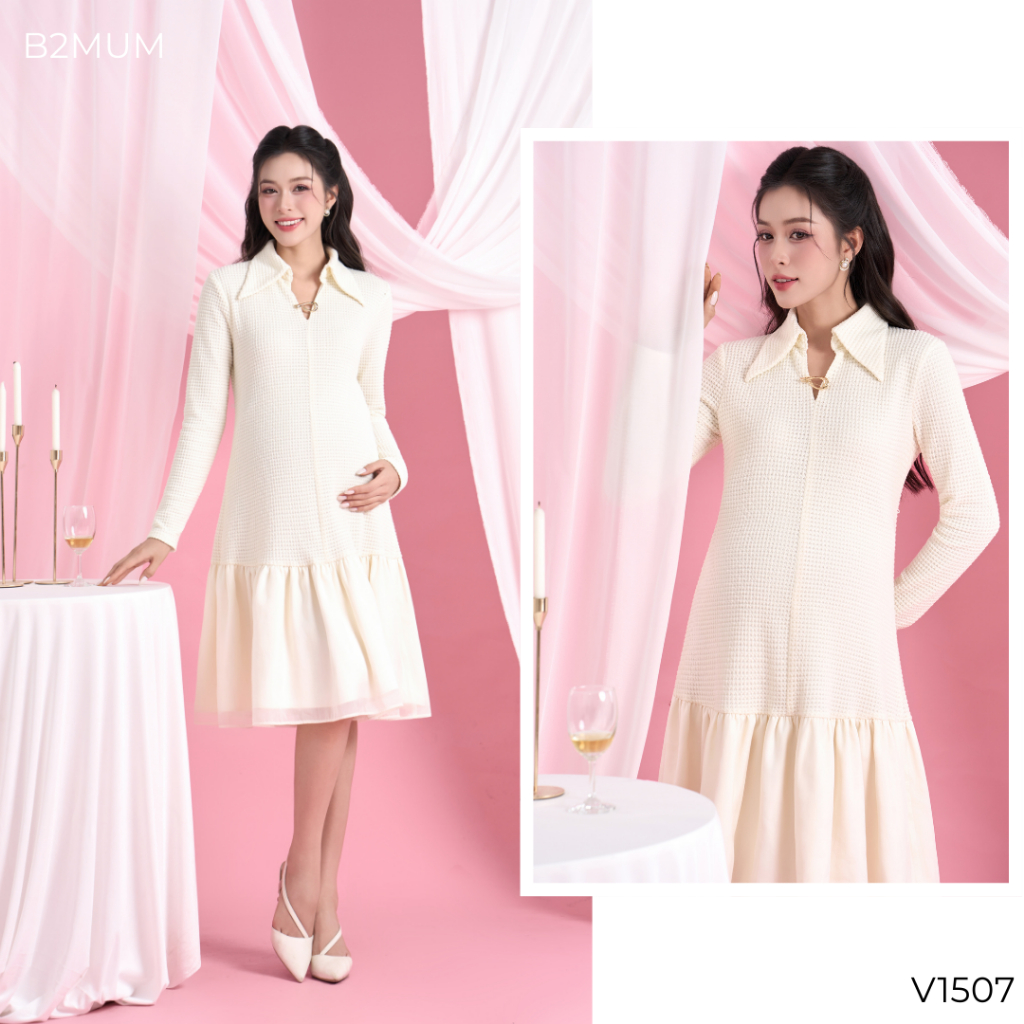 VÁY SUÔNG Chất Len Dệt Nổi Phối Voan Thanh Lịch, Mặc Bầu & Sau Sinh Mặc Đi Chơi, Đi Tiệc V1507 B2MUM