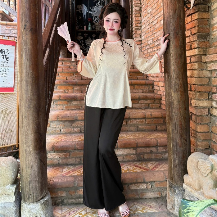 [SĂN HÀNG-HỎA TỐC]Pháp phục bộ bà ba,áo gấm truyền thống phối hợp quần lụa lạnh cao cấp(Size40-52kg)