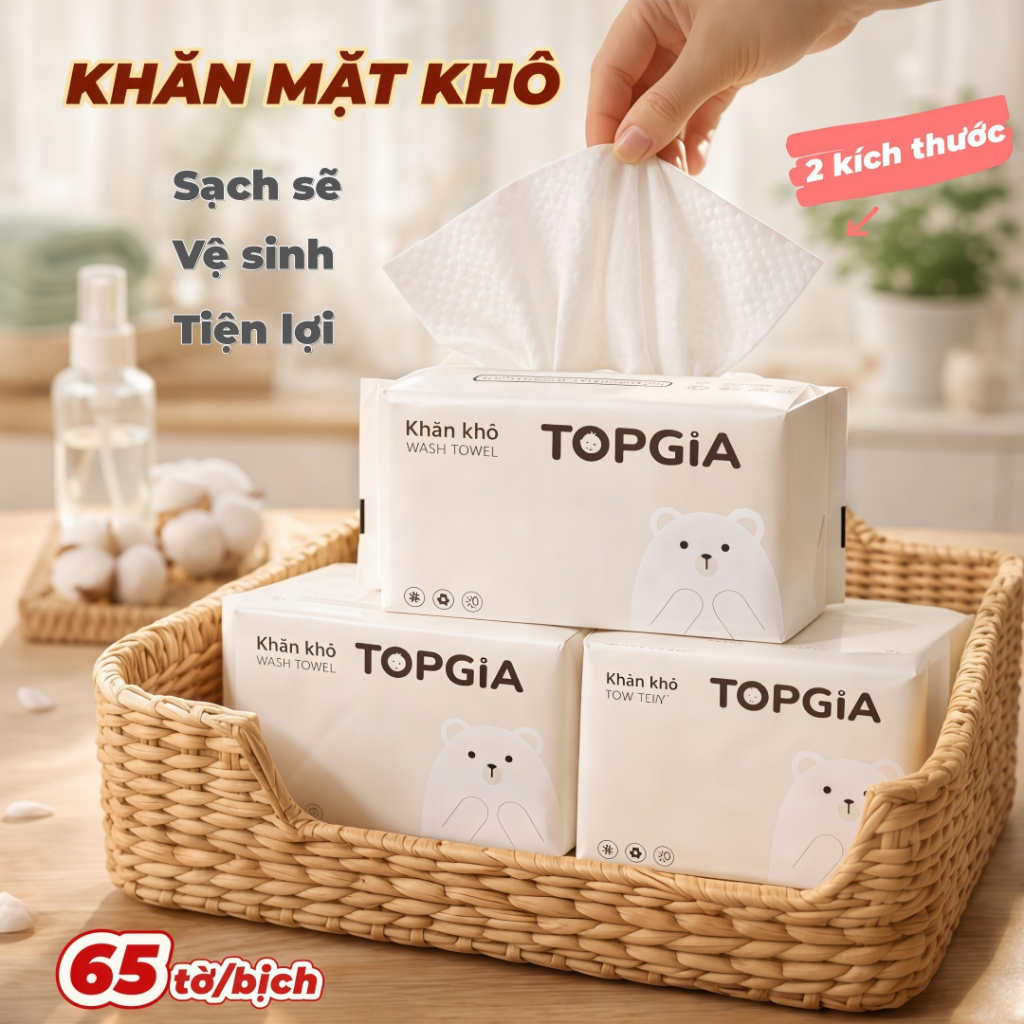 Khăn Mặt Khô 1 Lần Top Gia -5 bịch-Siêu Mềm, An Toàn, Lau Khô & Ướt, Tẩy Trang Đa Năng