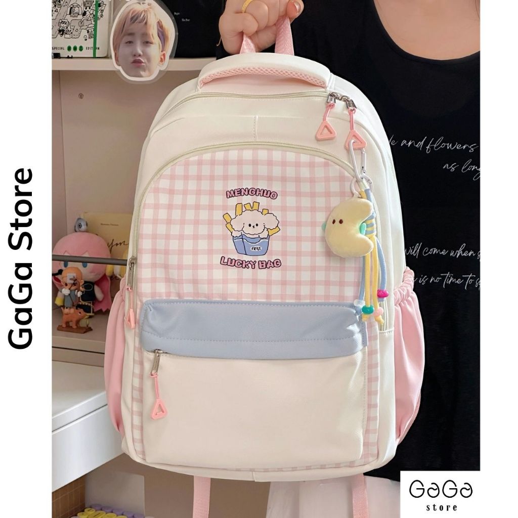 Balo đi học phong cách Hàn Quốc caro phối màu pastel nhiều ngăn cho học sinh các cấp B931 gagastore