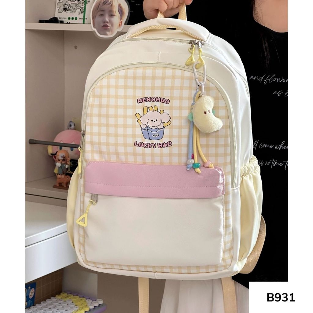 Balo đi học phong cách Hàn Quốc caro phối màu pastel nhiều ngăn cho học sinh các cấp B931 gagastore