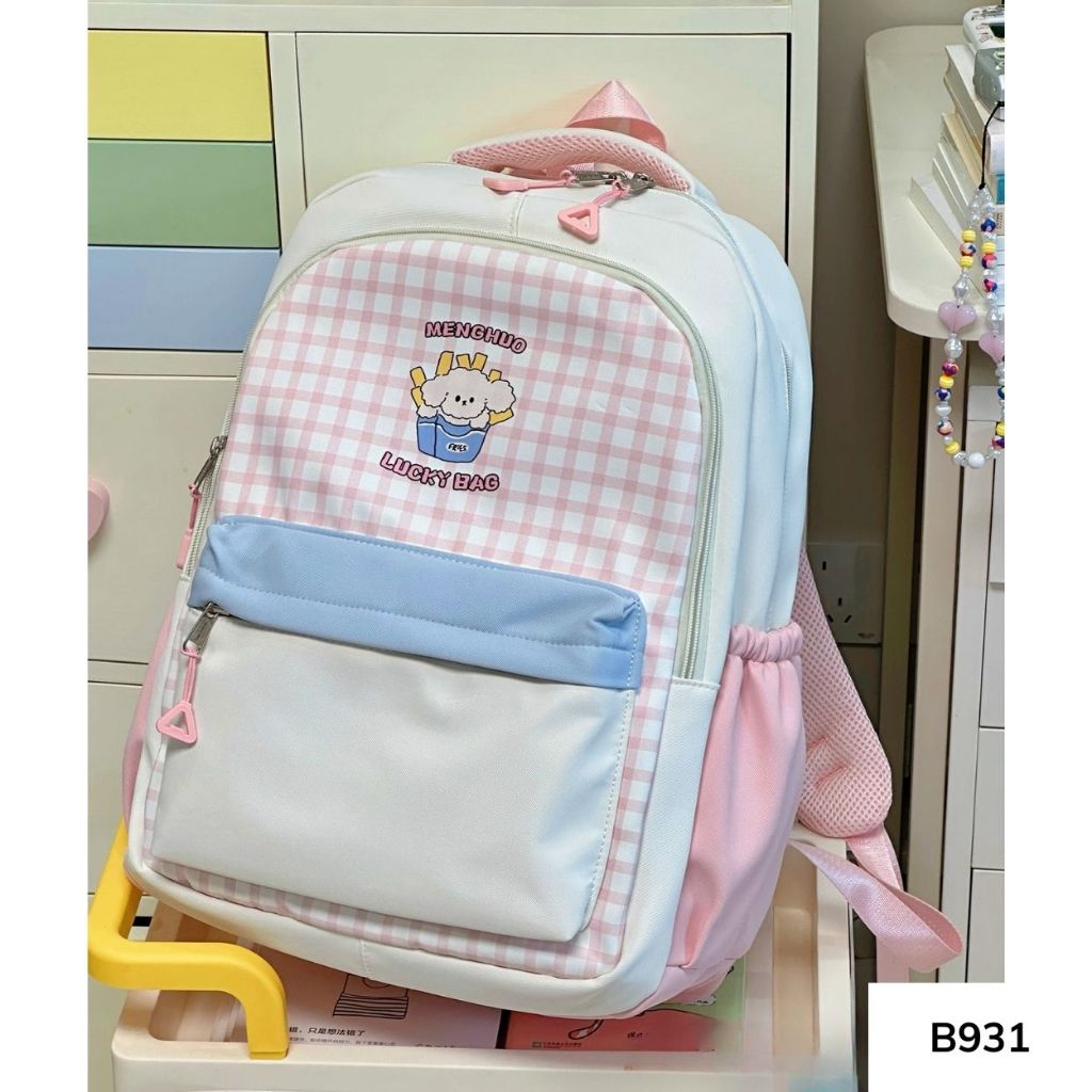 Balo đi học phong cách Hàn Quốc caro phối màu pastel nhiều ngăn cho học sinh các cấp B931 gagastore