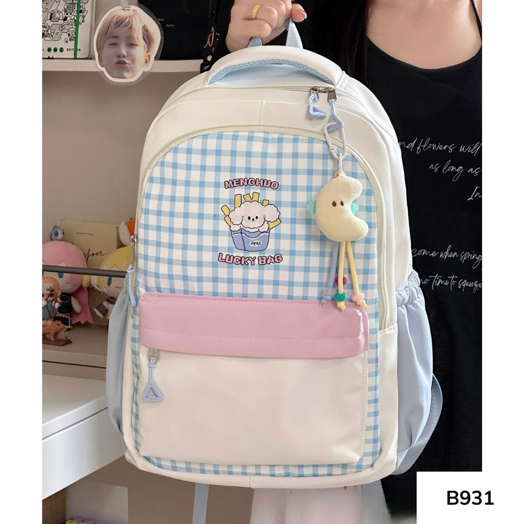 Balo đi học phong cách Hàn Quốc caro phối màu pastel nhiều ngăn cho học sinh các cấp B931 gagastore