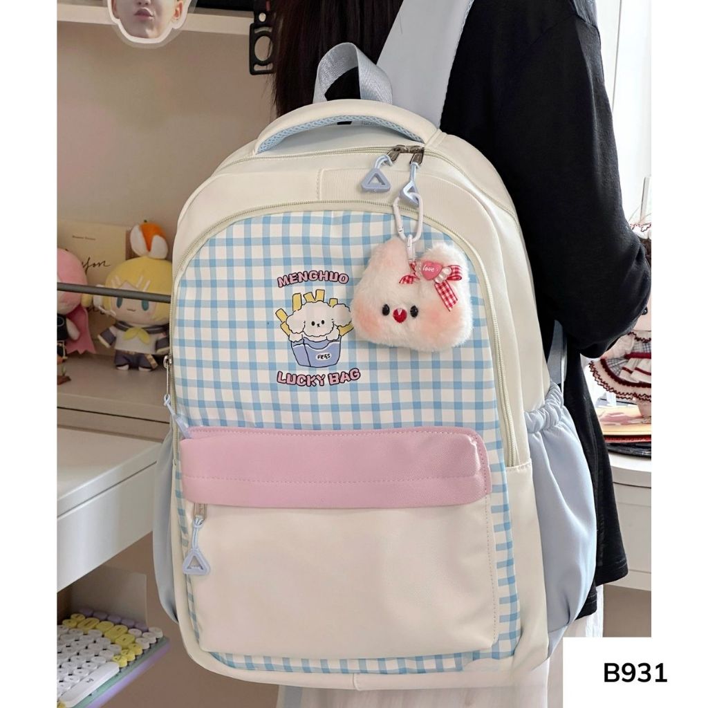 Balo đi học phong cách Hàn Quốc caro phối màu pastel nhiều ngăn cho học sinh các cấp B931 gagastore