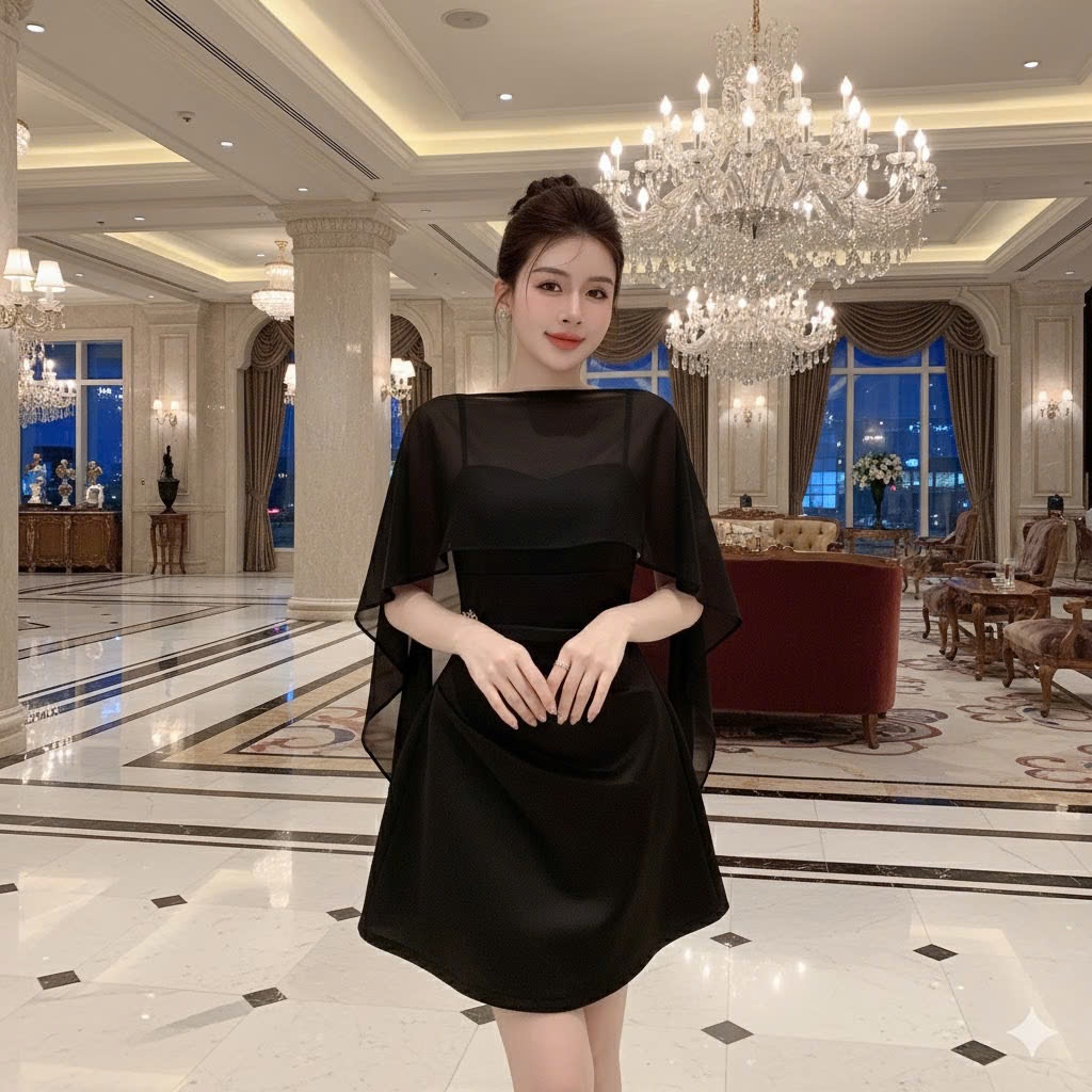 Váy đi tiệc hai dây có mút ngực KÈM khăn choàng và tag hoa đủ size