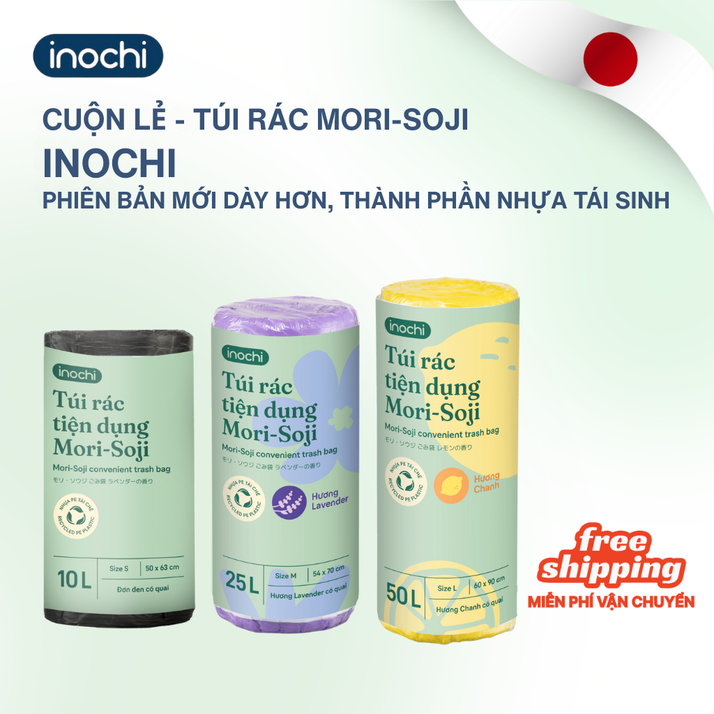 [CUỘN LẺ] TÚI RÁC MORI-Inochi thành phần nhựa tái sinh CÓ QUAI hương chanh/lavender, kháng khuẩn, khử mùi
