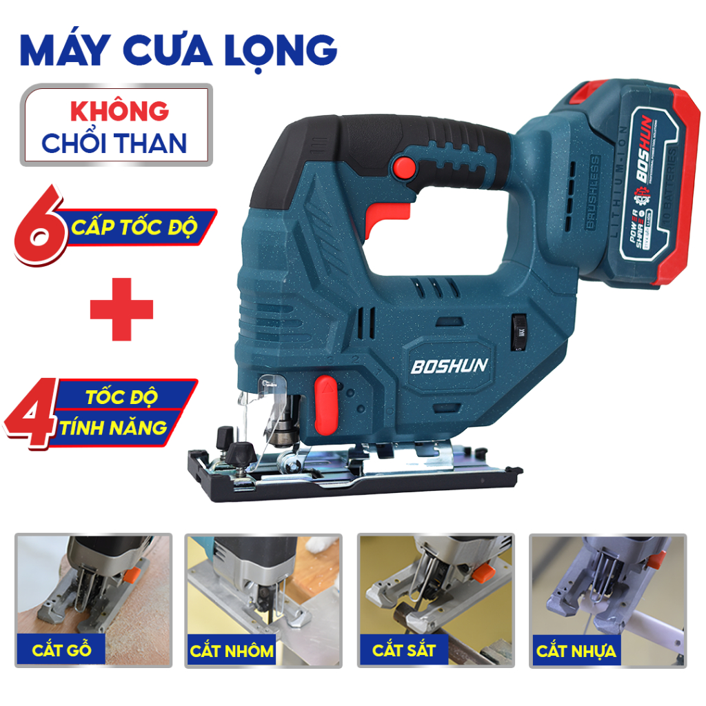 [Tặng 5 Lưỡi] Máy Cưa Lọng Pin Không Chổi Than BOSHUN BS-CJS06BL – 6 Cấp Tốc Độ 3000v/p – Cắt Gỗ Nhôm Thép Mềm