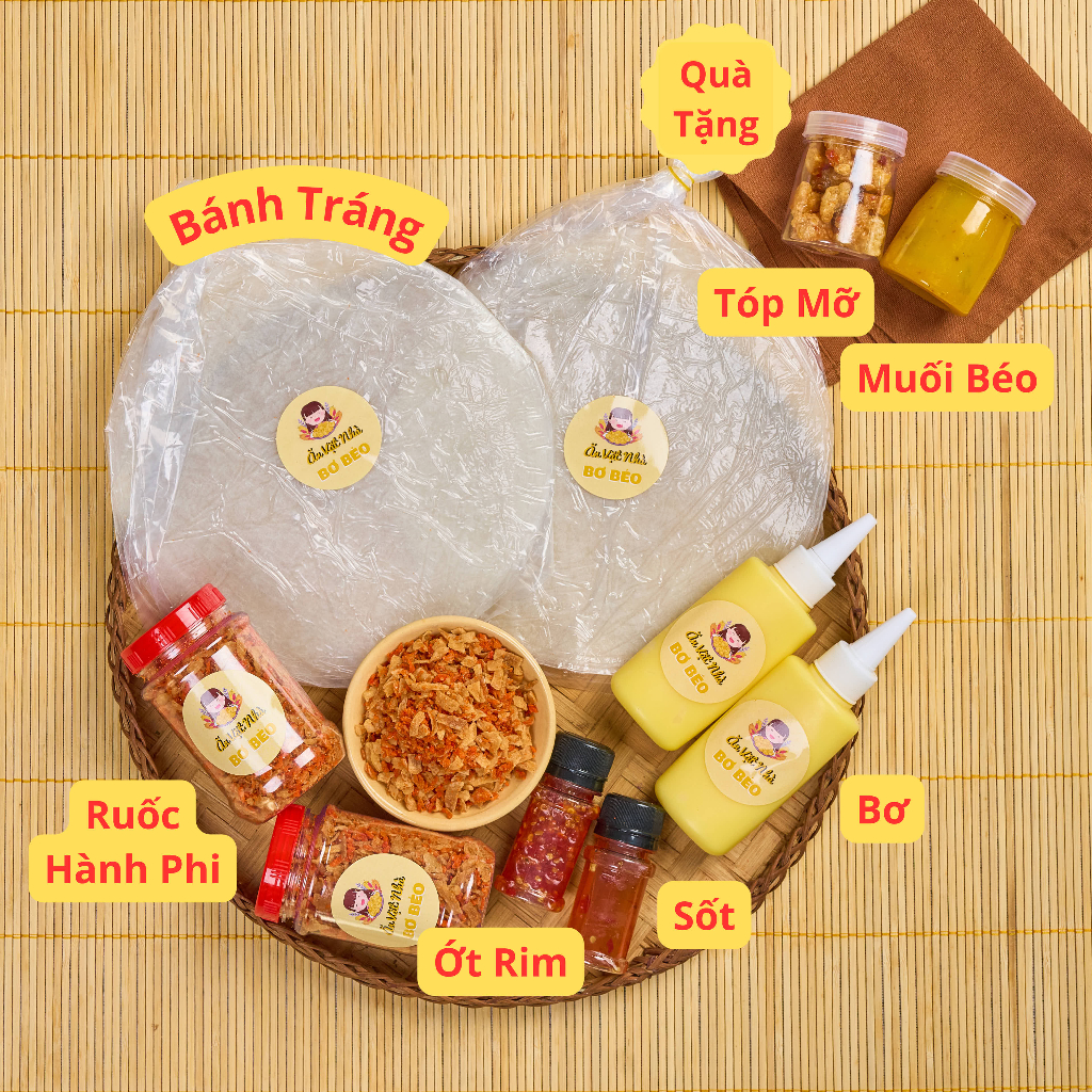 [Combo 89K] bánh tráng phơi sương 200g + 2 chai bơ 100g + sốt tắc, ớt rim 50ml + 2 hủ tép hành phi + tóp mỡ + muối béo