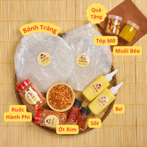 bánh tráng phơi sương 200g + 2 chai bơ 100g + sốt tắc, ớt rim 50ml + 2 hủ tép hành phi + tóp mỡ + muối béo