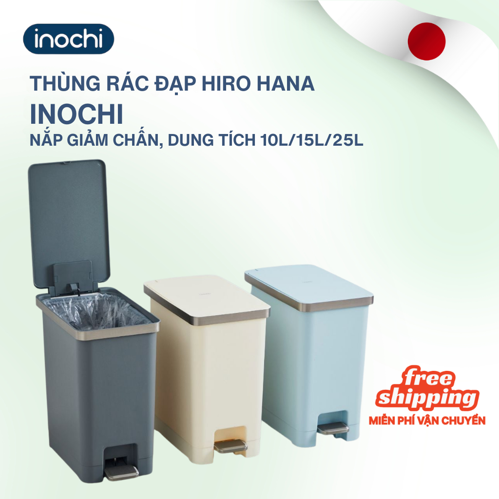 Thùng rác HANA 10L-15L-20L đạp chân, nhựa PP an toàn, inox 410, màu sắc trang nhã (KHÔNG kèm lõi)