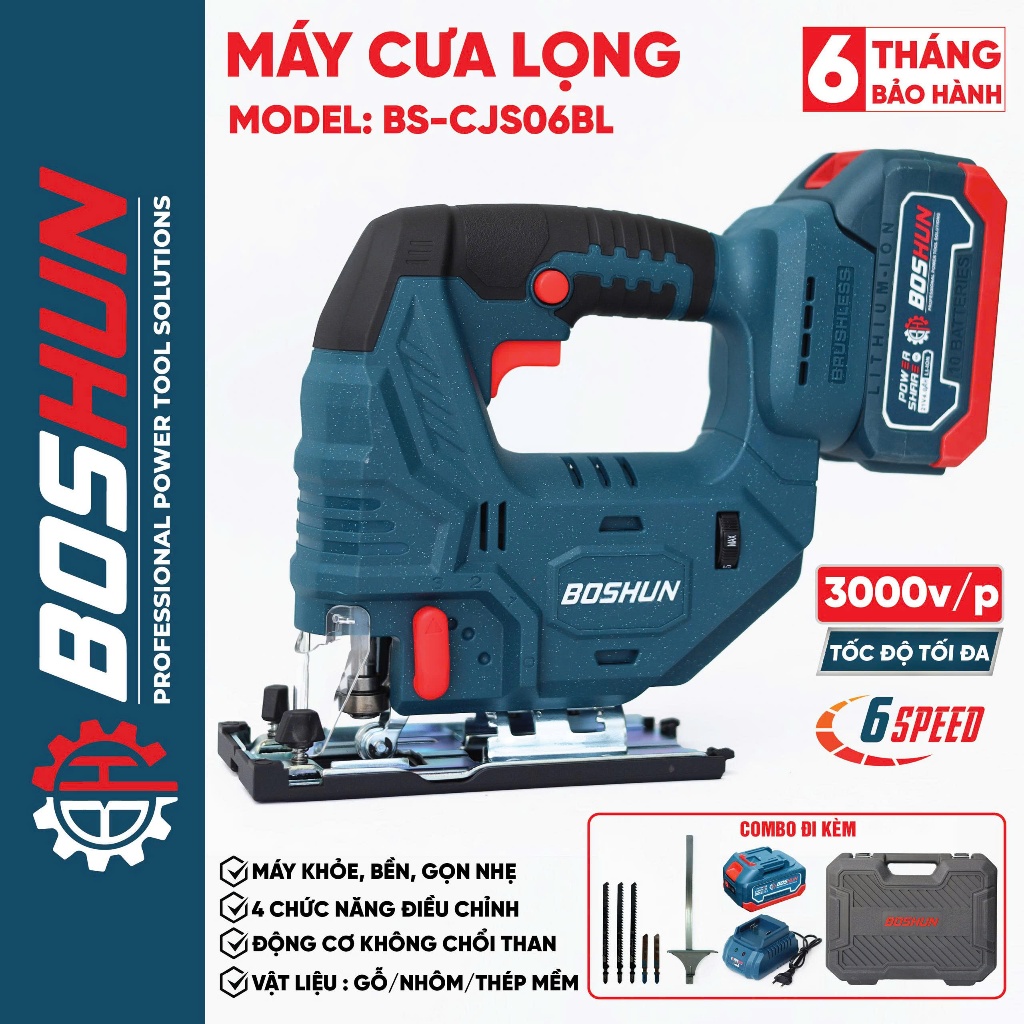 [Tặng 5 Lưỡi] Máy Cưa Lọng Pin Không Chổi Than BOSHUN BS-CJS06BL – 6 Cấp Tốc Độ 3000v/p – Cắt Gỗ Nhôm Thép Mềm
