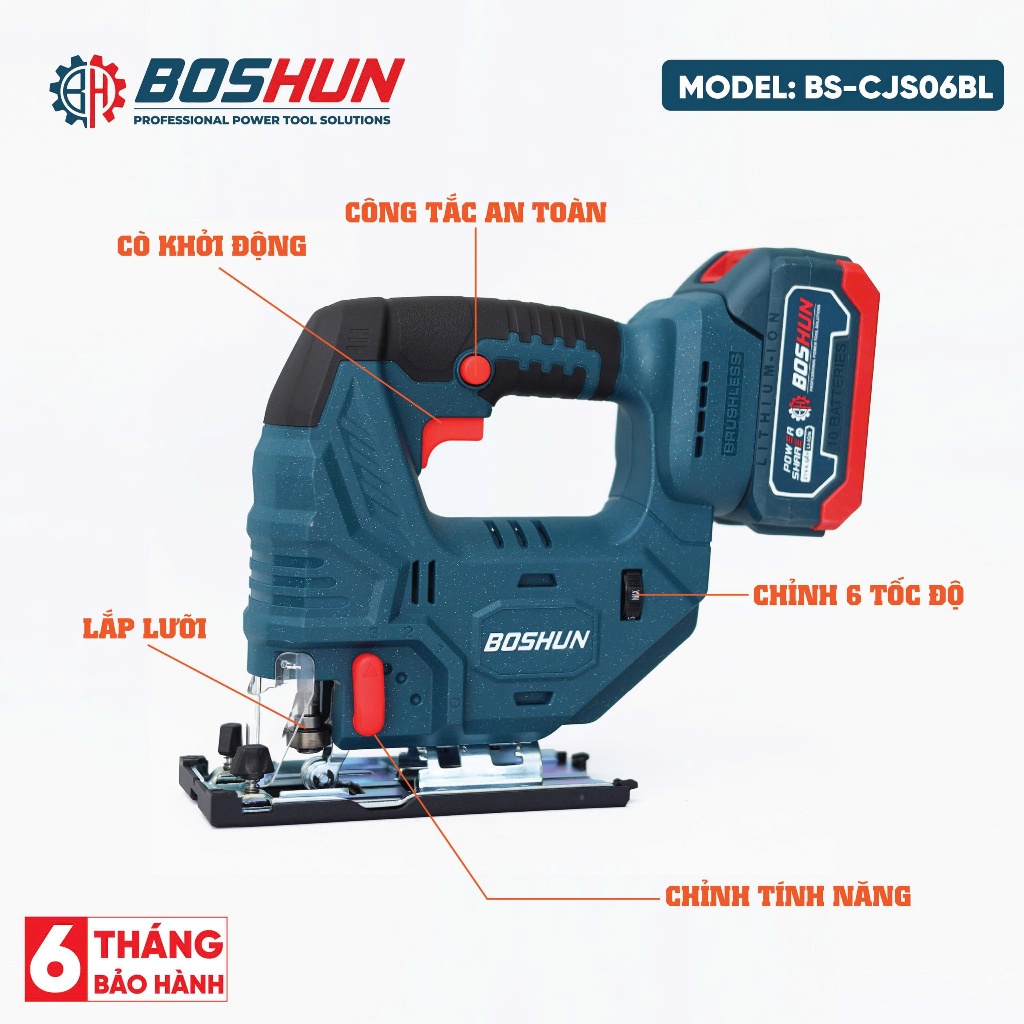 [Tặng 5 Lưỡi] Máy Cưa Lọng Pin Không Chổi Than BOSHUN BS-CJS06BL – 6 Cấp Tốc Độ 3000v/p – Cắt Gỗ Nhôm Thép Mềm