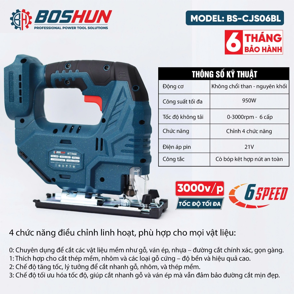 [Tặng 5 Lưỡi] Máy Cưa Lọng Pin Không Chổi Than BOSHUN BS-CJS06BL – 6 Cấp Tốc Độ 3000v/p – Cắt Gỗ Nhôm Thép Mềm