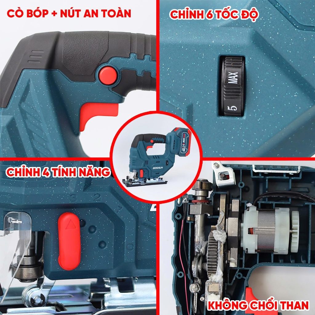 [Tặng 5 Lưỡi] Máy Cưa Lọng Pin Không Chổi Than BOSHUN BS-CJS06BL – 6 Cấp Tốc Độ 3000v/p – Cắt Gỗ Nhôm Thép Mềm