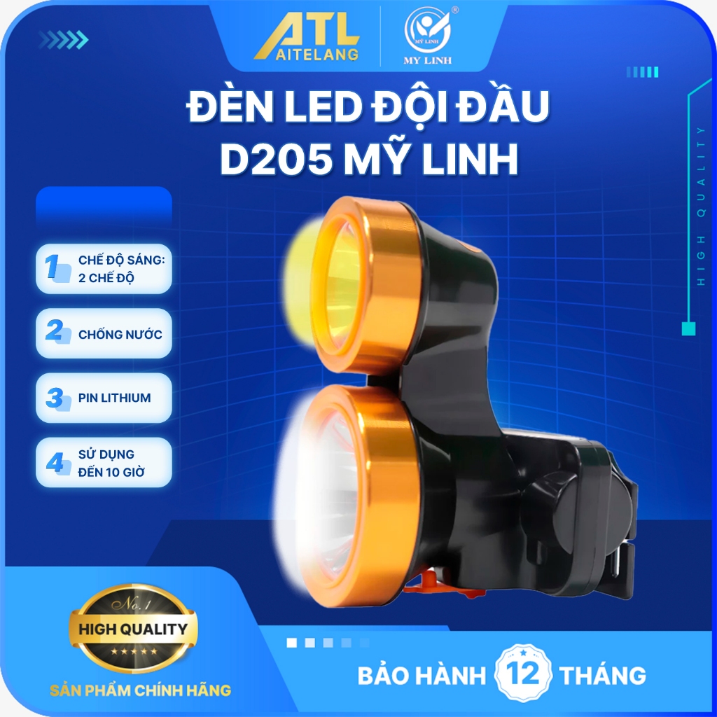 Đèn Led đội đầu D205 Mỹ Linh, đèn pin đội đầu 2 chế độ ánh sáng, chống nước, pin lithium