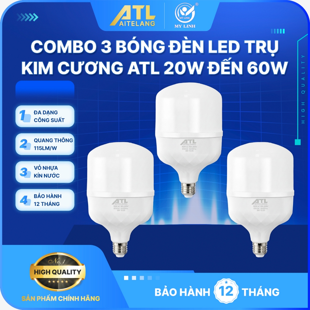 Combo 3 bóng đèn Led trụ hiệu ATL 20W, 30W, 40W, 50W, 60W loại bóng đơn,siêu sáng,bền,tiết kiệm điện