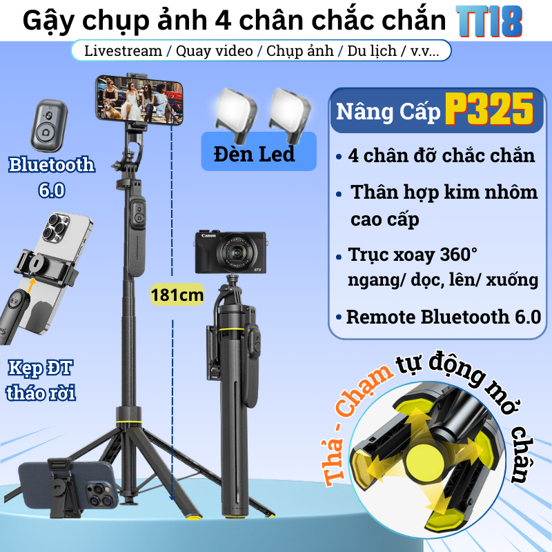 Tripod điện thoại 4 chân cao 1.81m TT18, Giá đỡ điện thoại livestream, quay video, chụp ảnh du lịch hợp kim nhôm cao cấp