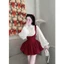 Set váy ngắn, set yếm dáng ngắn Bí bồng phối áo sơmi Lụa Nhung tay phồng cổ sen phối bèo nút kiểu