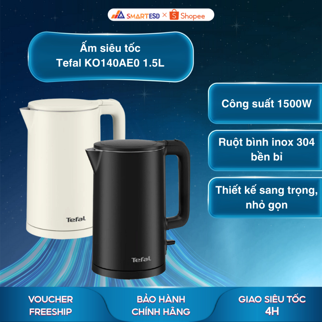 Ấm siêu tốc Tefal KO140AE0 1.5L - Rise/Black - Công suất 1500W - Bảo hành chính hãng 24 tháng