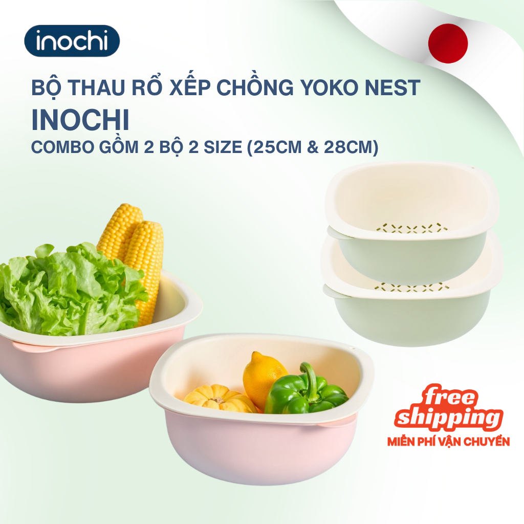 COMBO 2 BỘ THAU RỔ YOKO NEST 25cm+ 28cm, rửa rau củ, trộn salad- lỗ thoát nước tiện lợi, lỗ treo tiết kiệm ko gian