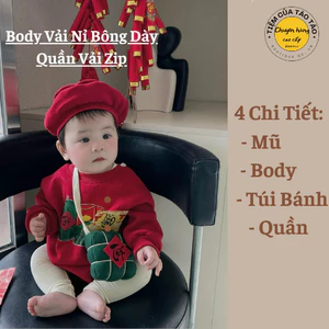 Set Bánh Chưng NỈ BÔNG kèm túi đựng lì xì , mũ và quần legging cho bé trai bé gái du xuân 2026 mặc chụp ảnh đi tết