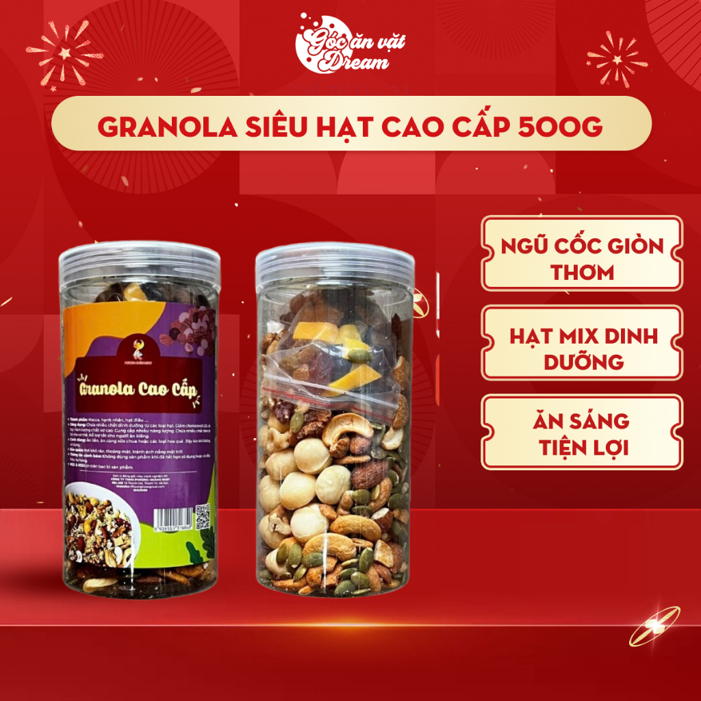 Granola Siêu Hạt 500g Cao Cấp, Ngũ Cốc Yến Mạch Ăn Kiêng Healthy Giàu Dinh Dưỡng
