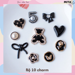 Set 10 Sticker, Charm 3D chủ đề Gấu nơ đen DIY gắn Dép Sục, Cá Sấu JB-202 Mita