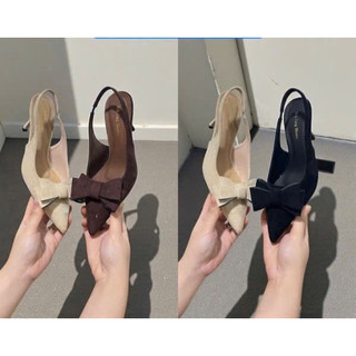 Giày sandal hở gót 7 phân mũi nhọn chất da lộn gắn nơ xinh