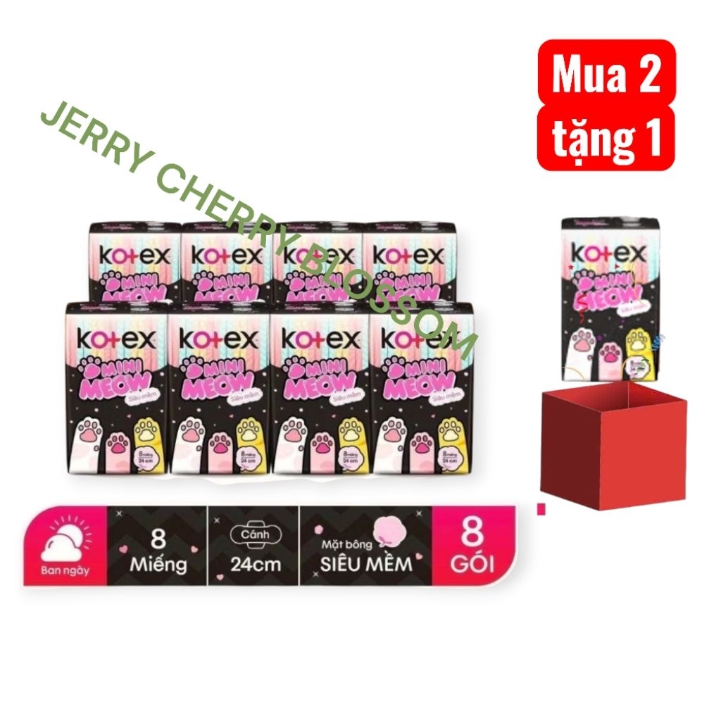 Bộ 8 gói băng vệ sinh Kotex Mini meow siêu mềm 24cm 8 miếng/gói