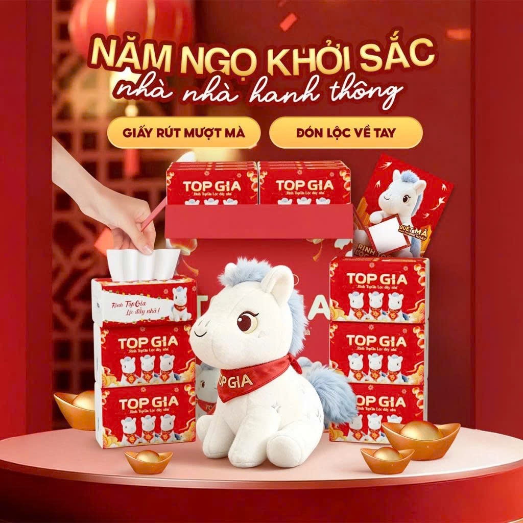(TẶNG NGỰA BÔNG 2026) Giấy ăn rút Top Gia, thùng 20 gói giấy Tết 2026, khăn giấy cao cấp 280 tờ, 4 lớp siêu mềm mịn