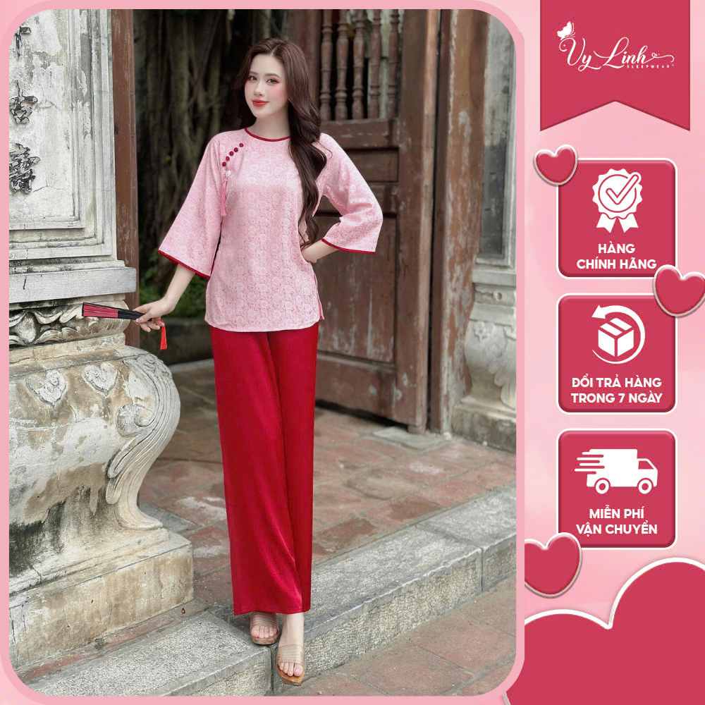Bộ lam gấm xẻ tà Vy Linh tay lỡ chất liệu gấm phối lụa latin thoáng mát không bai nhão thấm hút mồ hôi tốt s1325 gấm