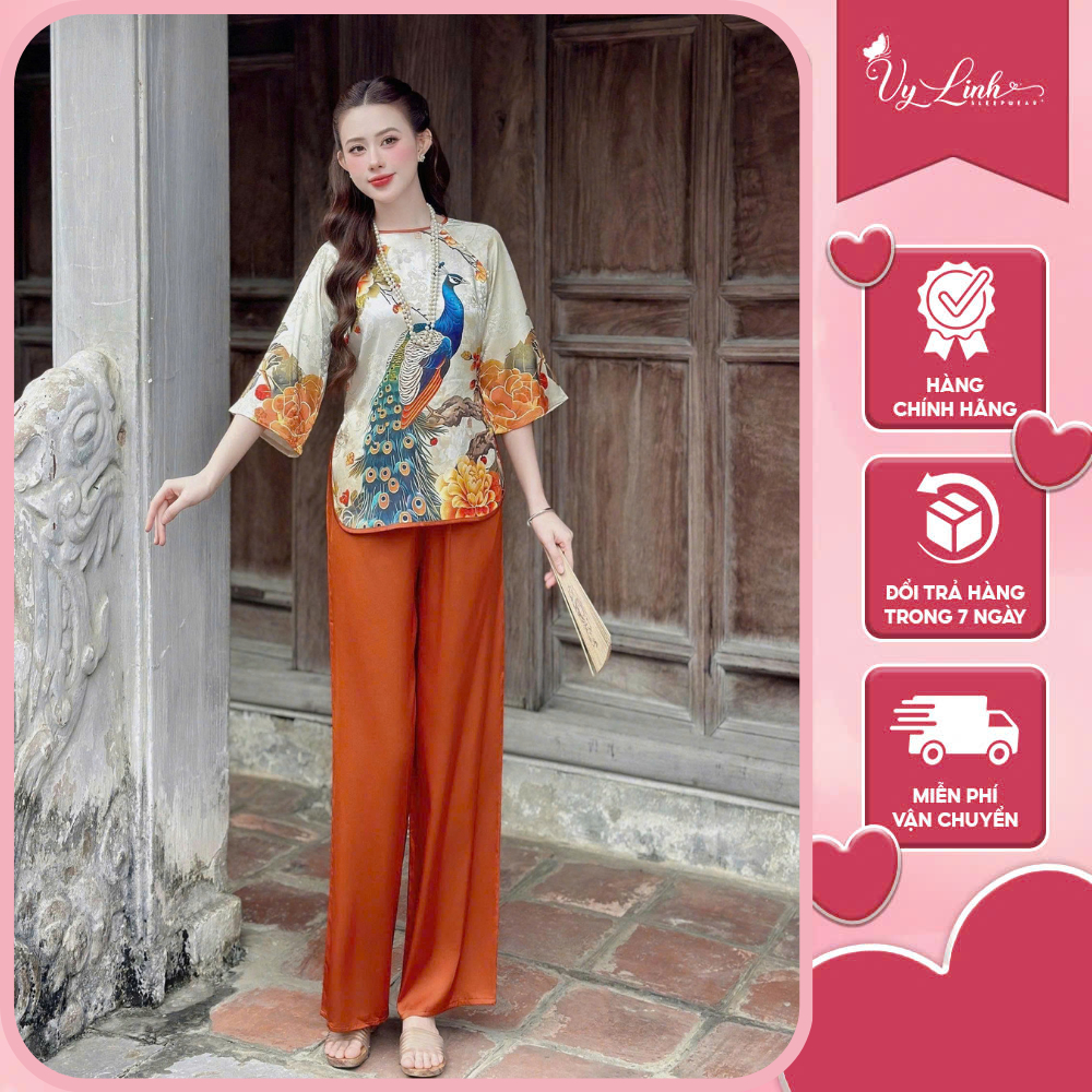 Bộ đồ ngủ nữ cao cấp VY LINH in 3D lụa xước phối quần latin đính ngọc mặc mềm mại thoáng mát dễ chịu s997 LỤA XƯỚC
