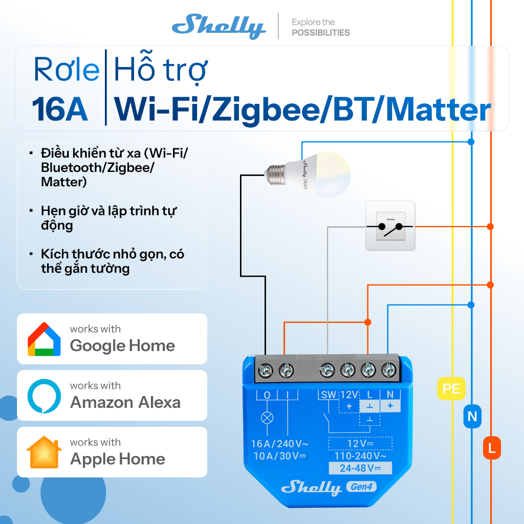 Công tắc thông minh Shelly 1 Gen4 WiFi 16A 1 kênh điều khiển từ xa qua điện thoại hỗ trợ Alexa Google Home