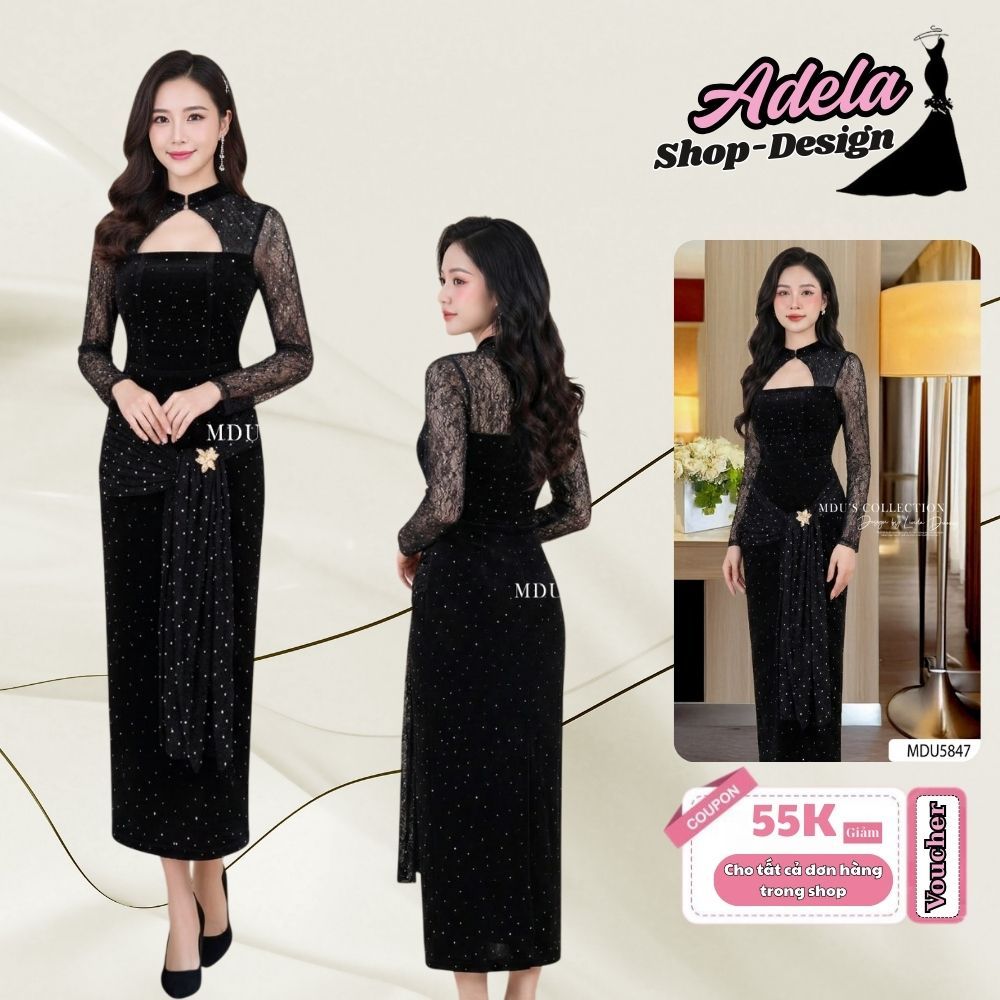 Váy Thiết Kế ADELA DESIGN Đầm Nhung Đen Đính Đá Quyến Rũ Và Kiêu Sa MDU5847