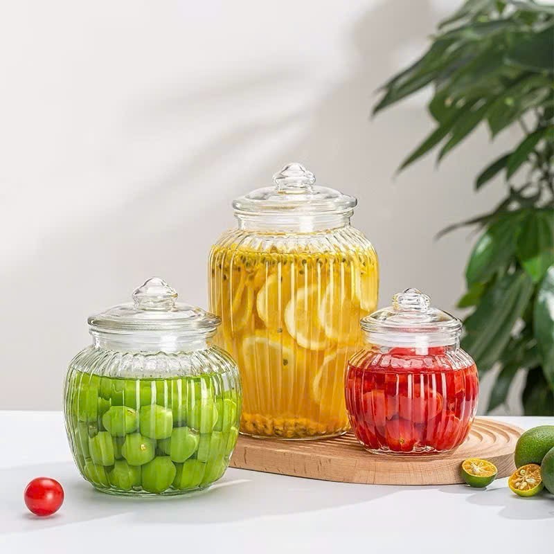 Combo 3 Hũ Thủy Tinh Sọc Hình Quả Bí – Đựng Gia Vị, Ngâm Trái Cây, Đồ Khô (Nhiều Dung Tích)