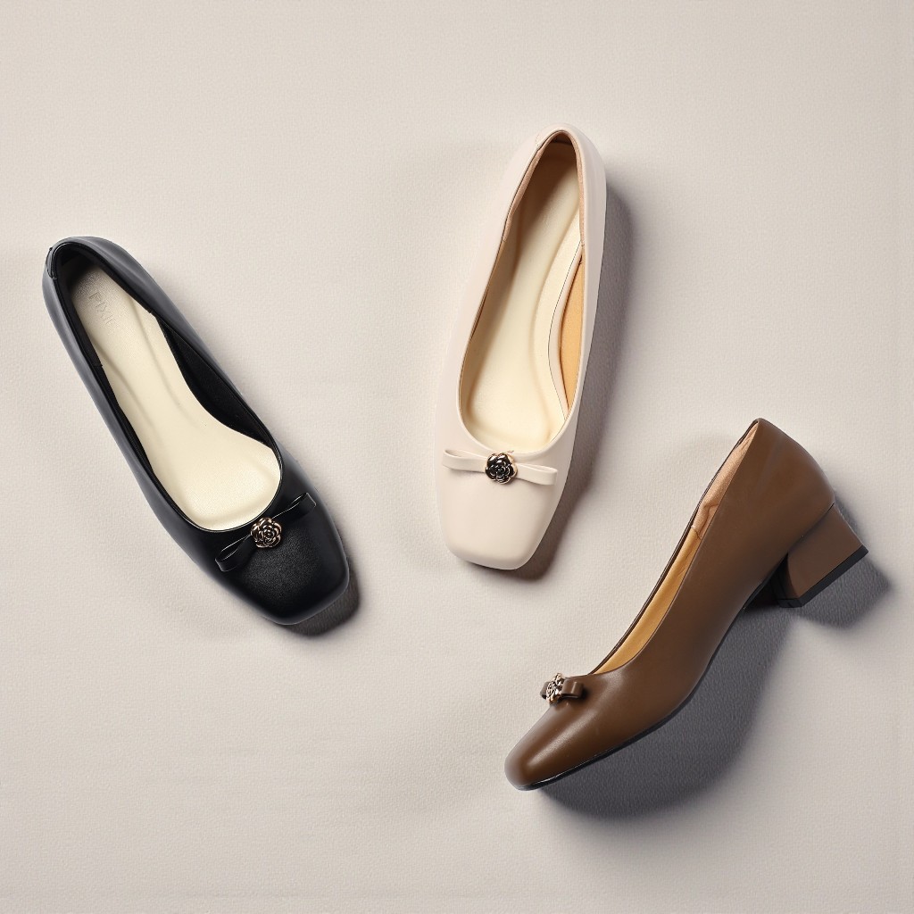 Giày Cao Gót Nữ 3cm Mũi Vuông Phối Nơ Đính Hoa Thời Trang Pixie H431