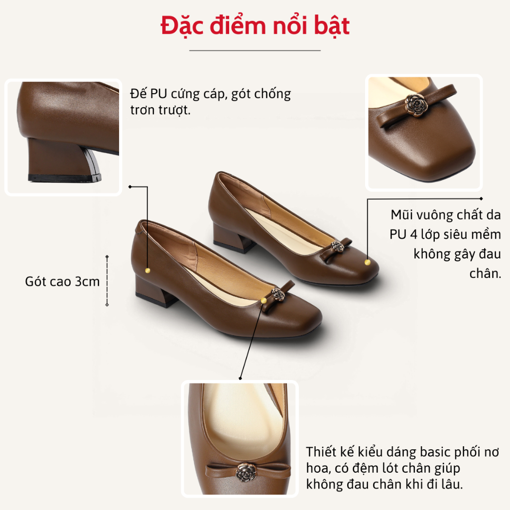 Giày Cao Gót Nữ 3cm Mũi Vuông Phối Nơ Đính Hoa Thời Trang Pixie H431