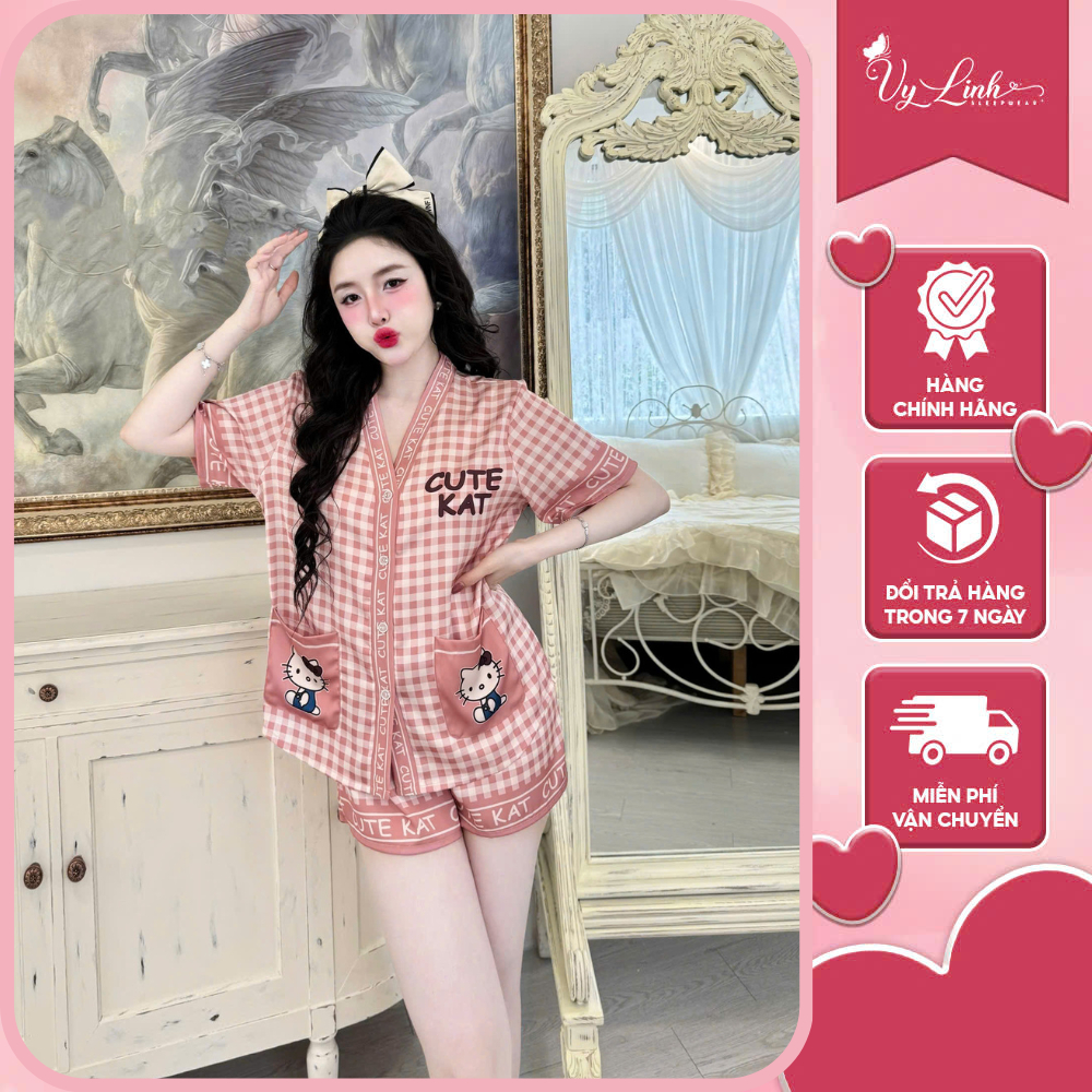 Đồ ngủ nữ Vy Linh chất liệu lụa latin cổ V thoáng mát thấm hút mồ hôi tốt, mềm mại S1103 caro