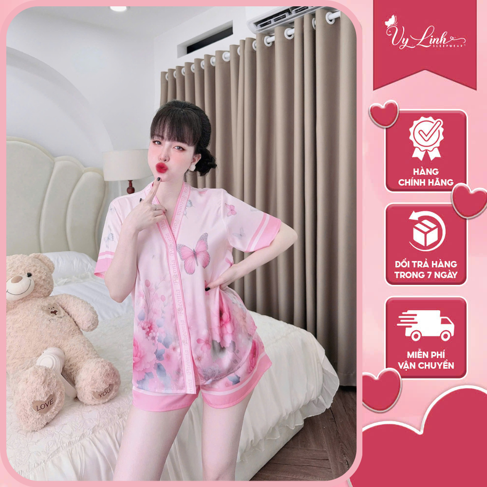 Bộ nữ ngắn Vy Linh chất liệu lụa latin cổ Y thoáng mát thấm hút mồ hôi tốt, bề mặt vải mịn mát S1103 3D