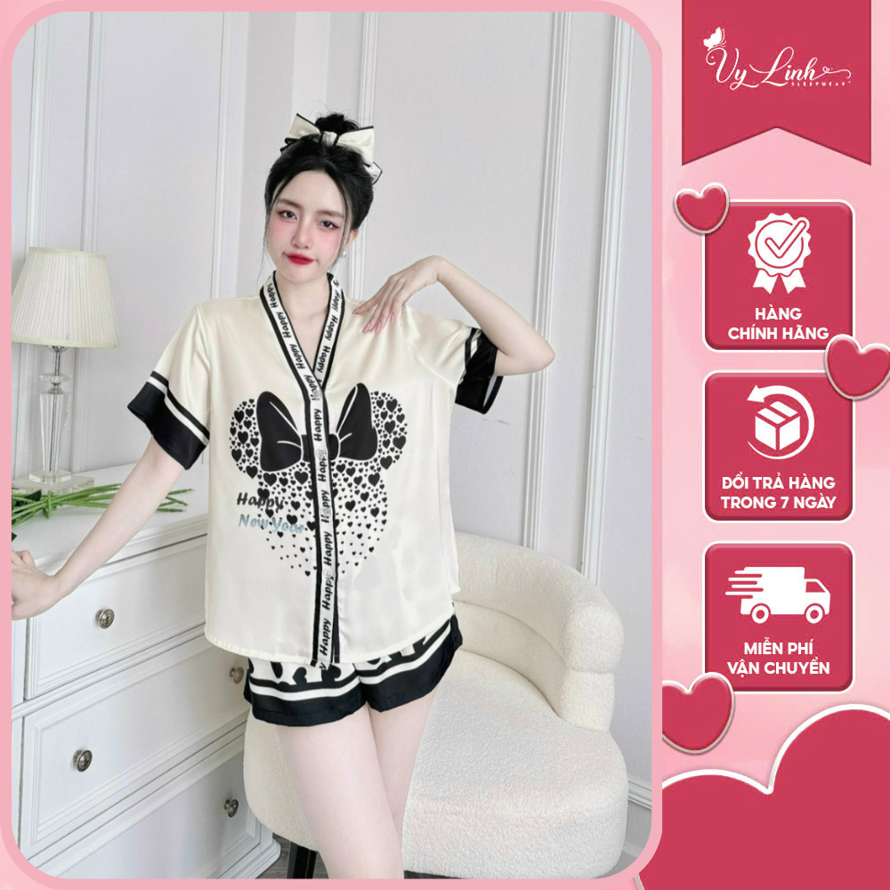 Bộ nữ ngắn Vy Linh chất liệu lụa latin cổ Y thoáng mát thấm hút mồ hôi tốt, bề mặt vải mịn mát S1103-1